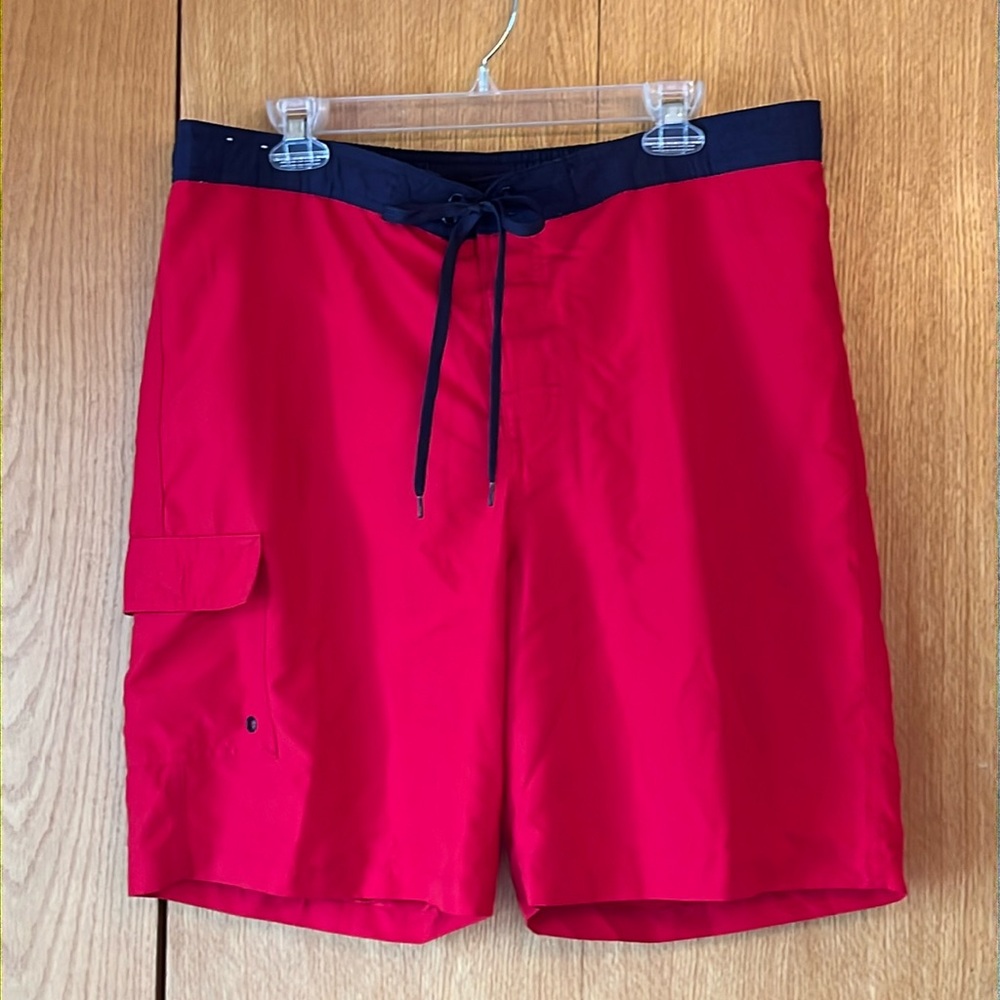 NEW Merona red navy blue Swim Trunks shorts tie waist cargo pocket Size Large